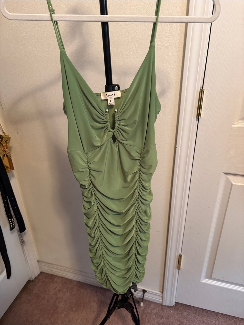 love J Sage Green Ruched Midi Dress with Spaghetti Straps